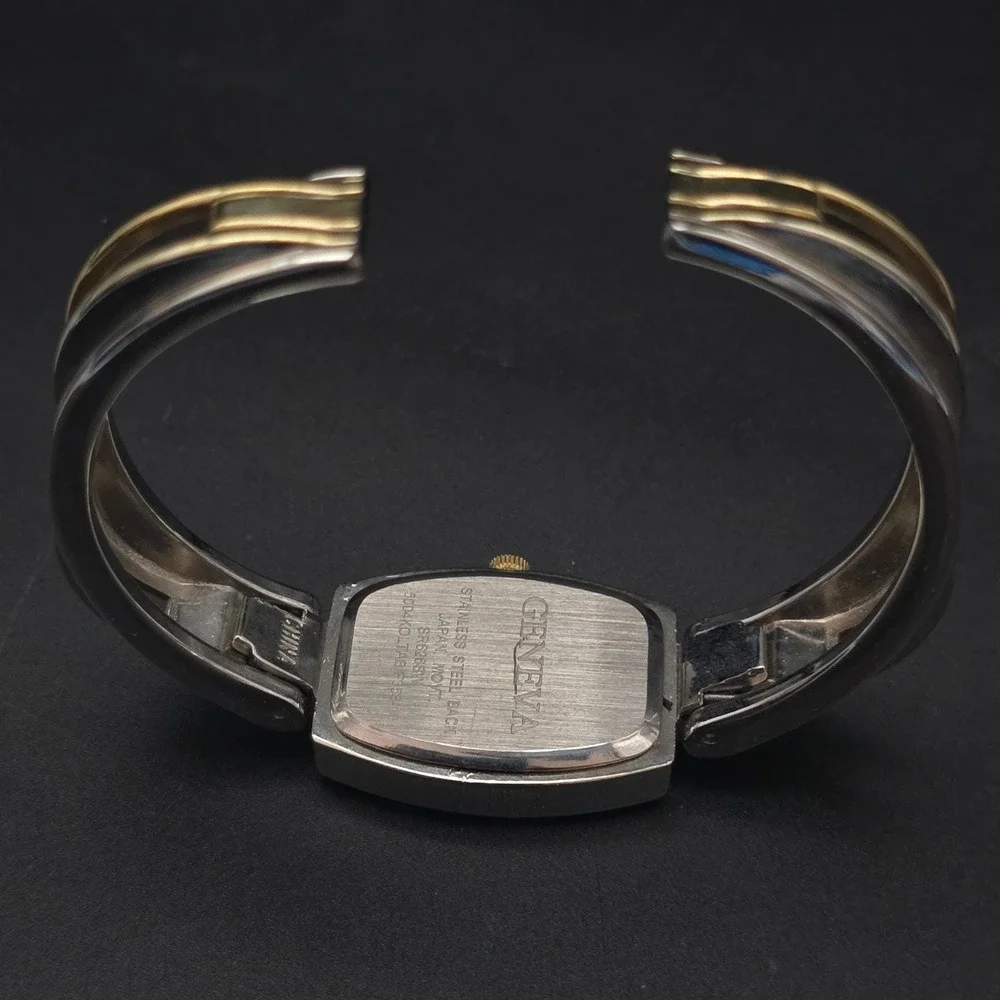 Women's Two Tone Cuff Watch Bracelet Quartz WORKS Working Geneva